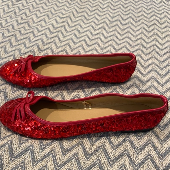 Women's Sequins Glitter Round Toe Ballet Flat with Bow - Red 7/8 - Picture 4 of 6